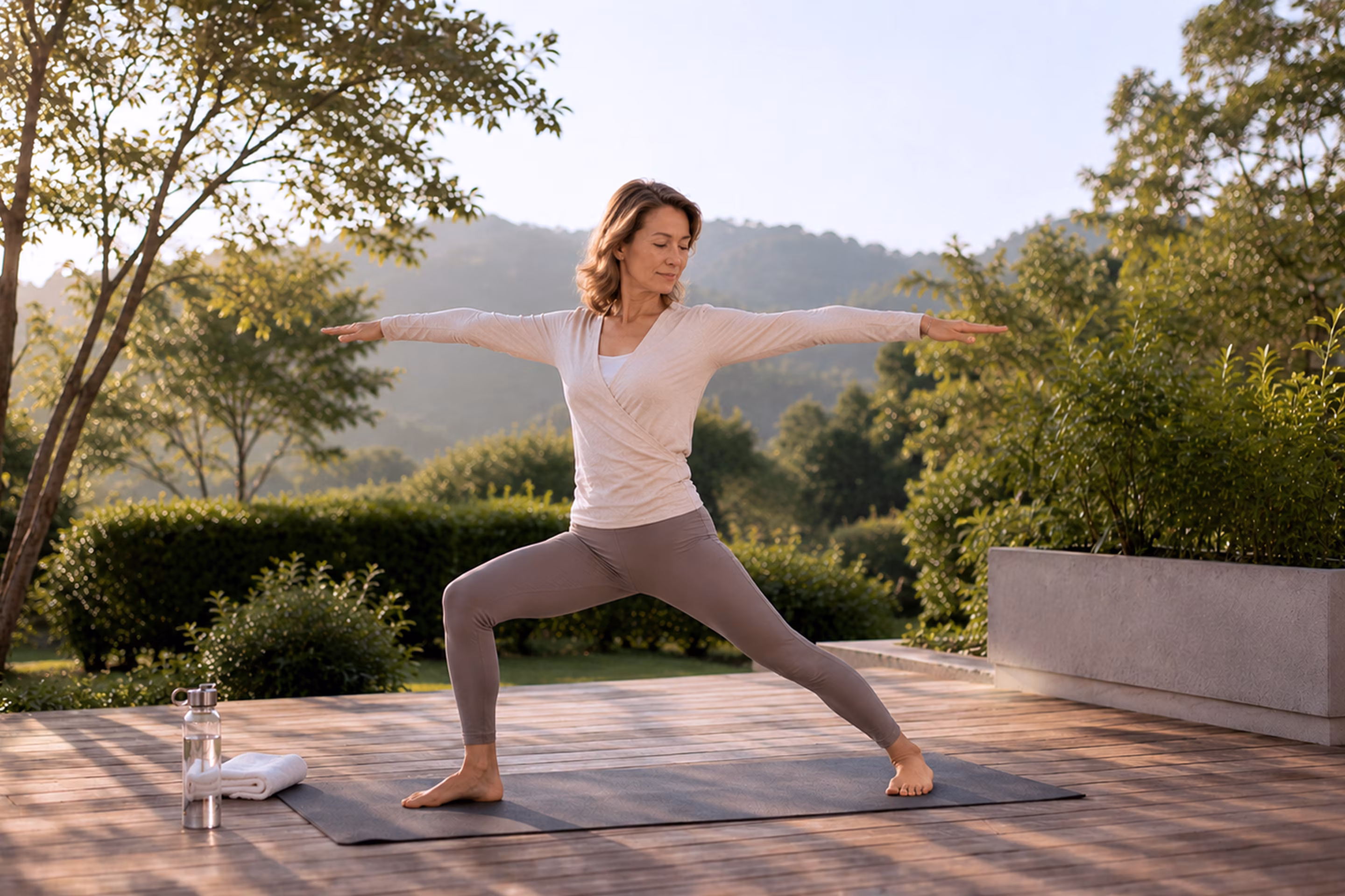Woman practising yoga outdoors at sunrise